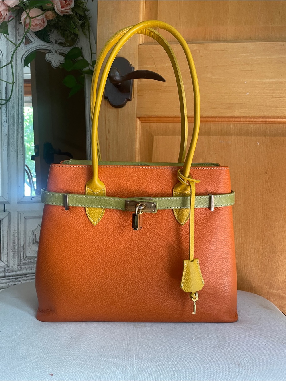Made in Italy Orange & Yellow Leather Tote Bag with Lock Green Accents Amazing